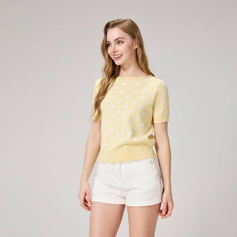 Women's Short Sleeve Crewneck Jacquard Sweater - Light Yellow Polka Dots XXL
